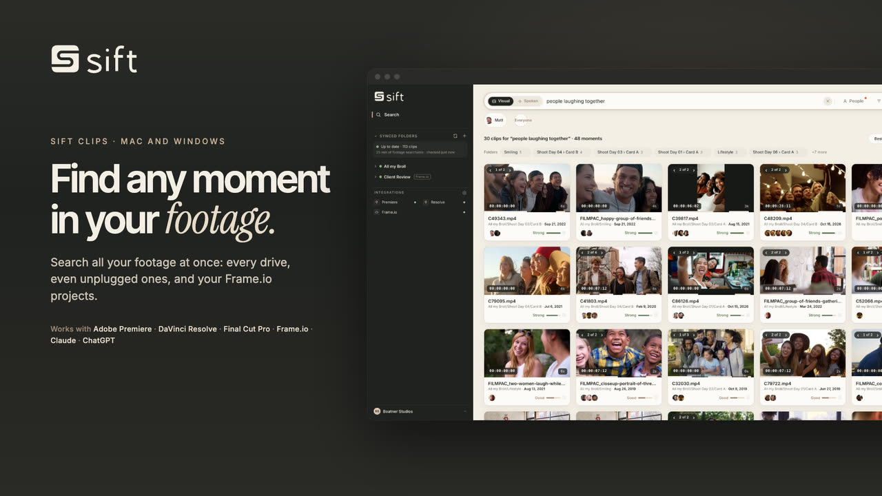 Sift Clips finds any moment in your footage by what’s on screen, what’s said and who’s in it.
