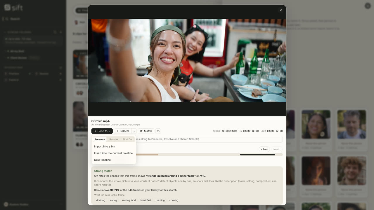 Open a moment and send it to Adobe Premiere, DaVinci Resolve or Final Cut Pro: into a bin, the current timeline or a new one.
