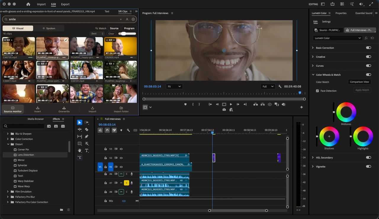 The free Sift Clips panel docked in Adobe Premiere: a Visual search for “smile” across the whole library, with Source monitor, Insert, Overwrite and Import one click away.