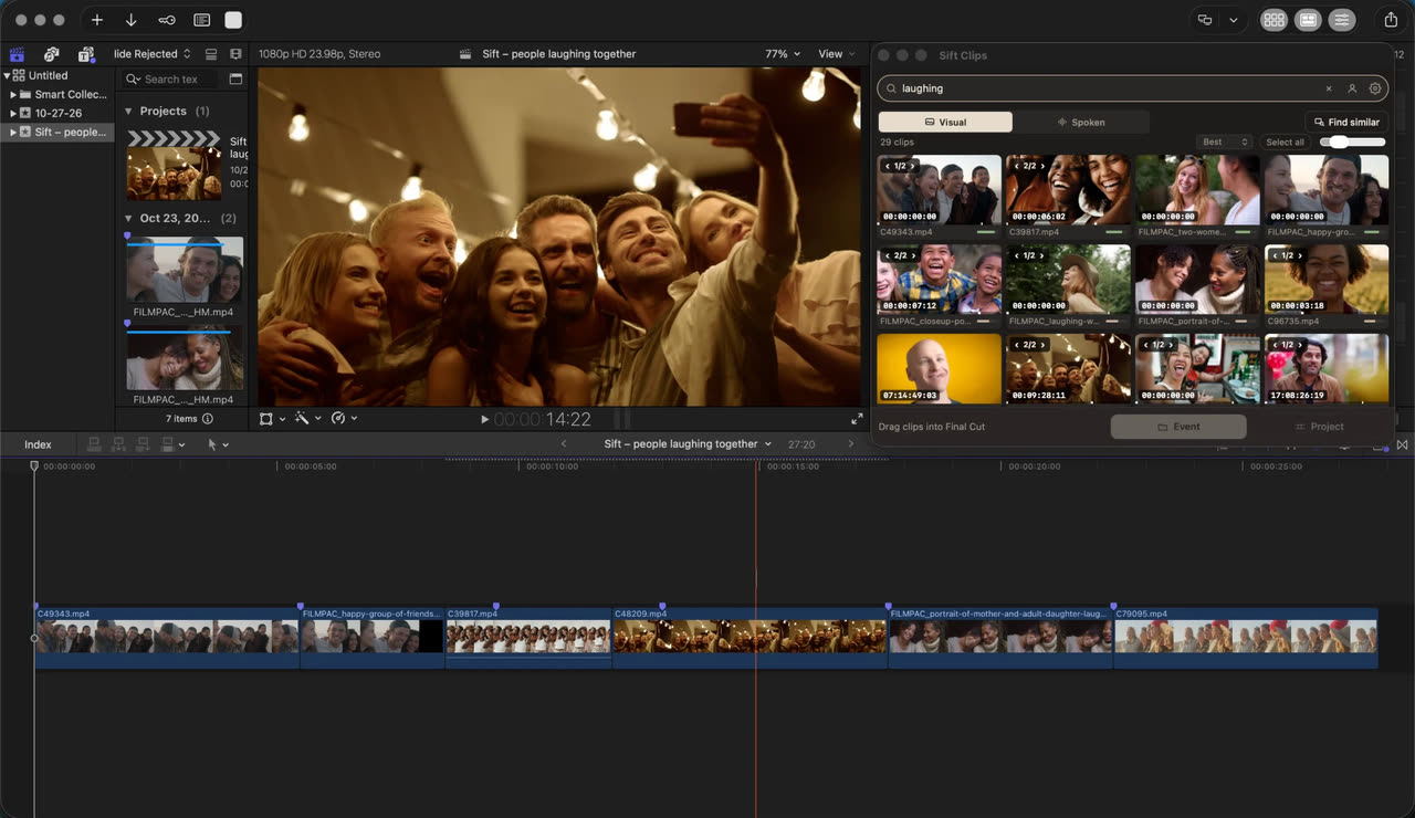 The Sift Clips panel in Final Cut Pro (Window › Extensions): search every drive, then drag a moment onto the timeline, trimmed and marked. The project below was built from a Sift search.